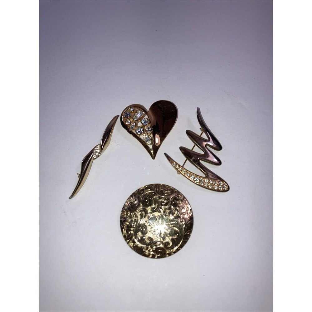 Vintage Brooch And Scarf Holder Lot 4 Goldtone Hearts, Rhinestones Y2K